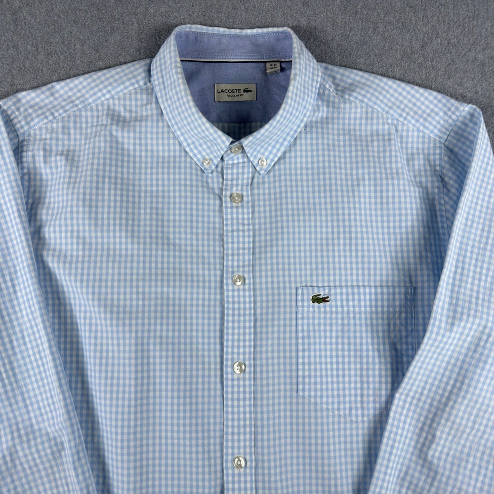 Lacoste Shirt Mens 46 2XL Blue Gingham Button Down Long Sleeve